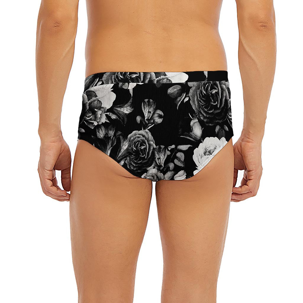 Black White Rose Floral Pattern Print Men's Briefs