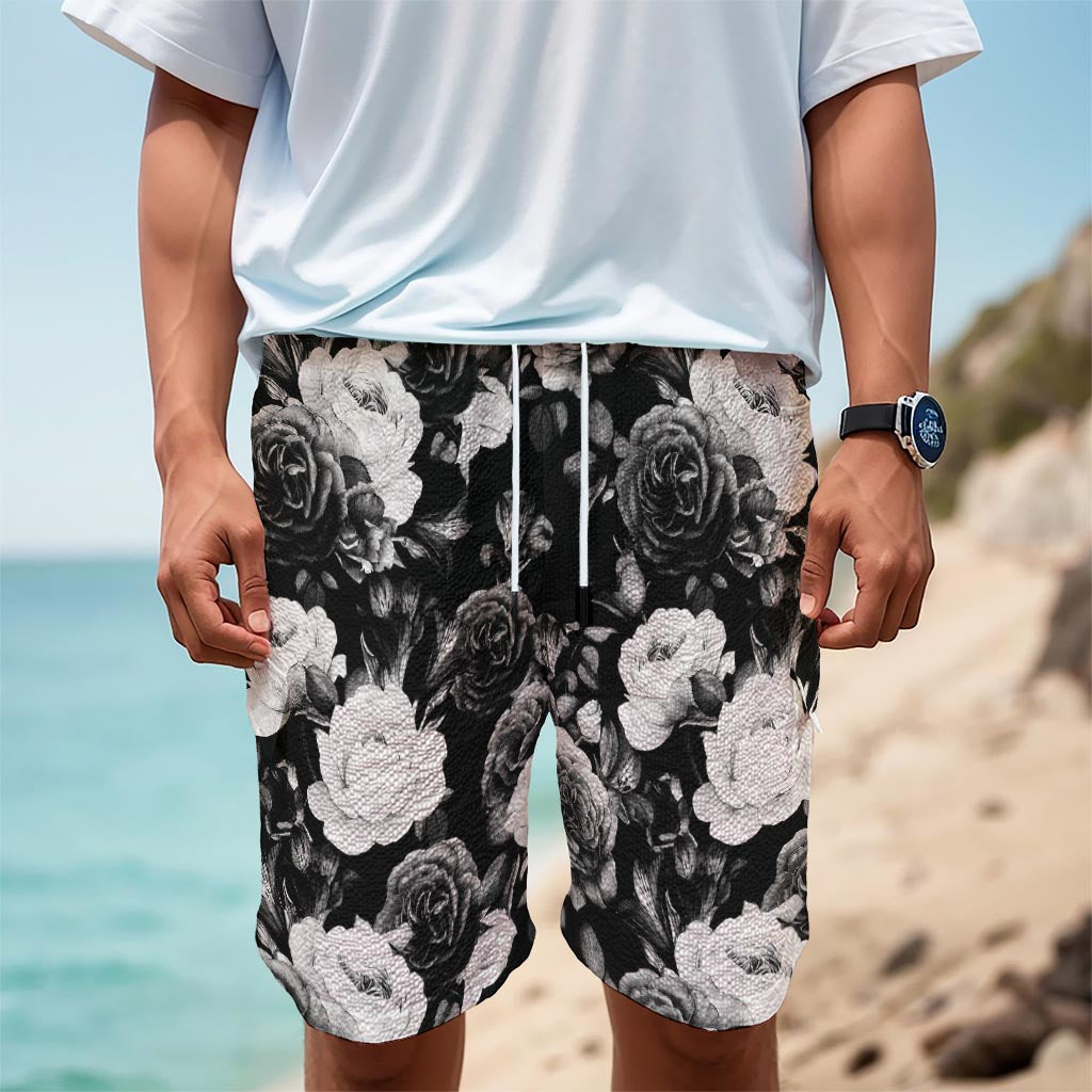 Black White Rose Floral Pattern Print Men's Cargo Shorts