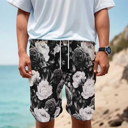Black White Rose Floral Pattern Print Men's Cargo Shorts