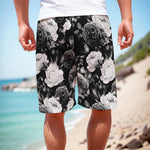 Black White Rose Floral Pattern Print Men's Cargo Shorts
