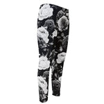 Black White Rose Floral Pattern Print Men's Compression Pants