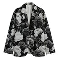 Black White Rose Floral Pattern Print Men's Cotton Blazer