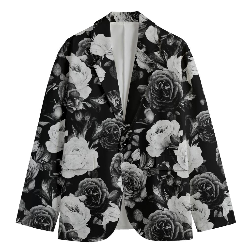 Black White Rose Floral Pattern Print Men's Cotton Blazer