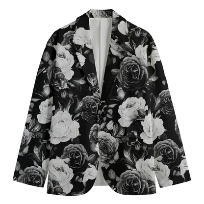 Black White Rose Floral Pattern Print Men's Cotton Blazer