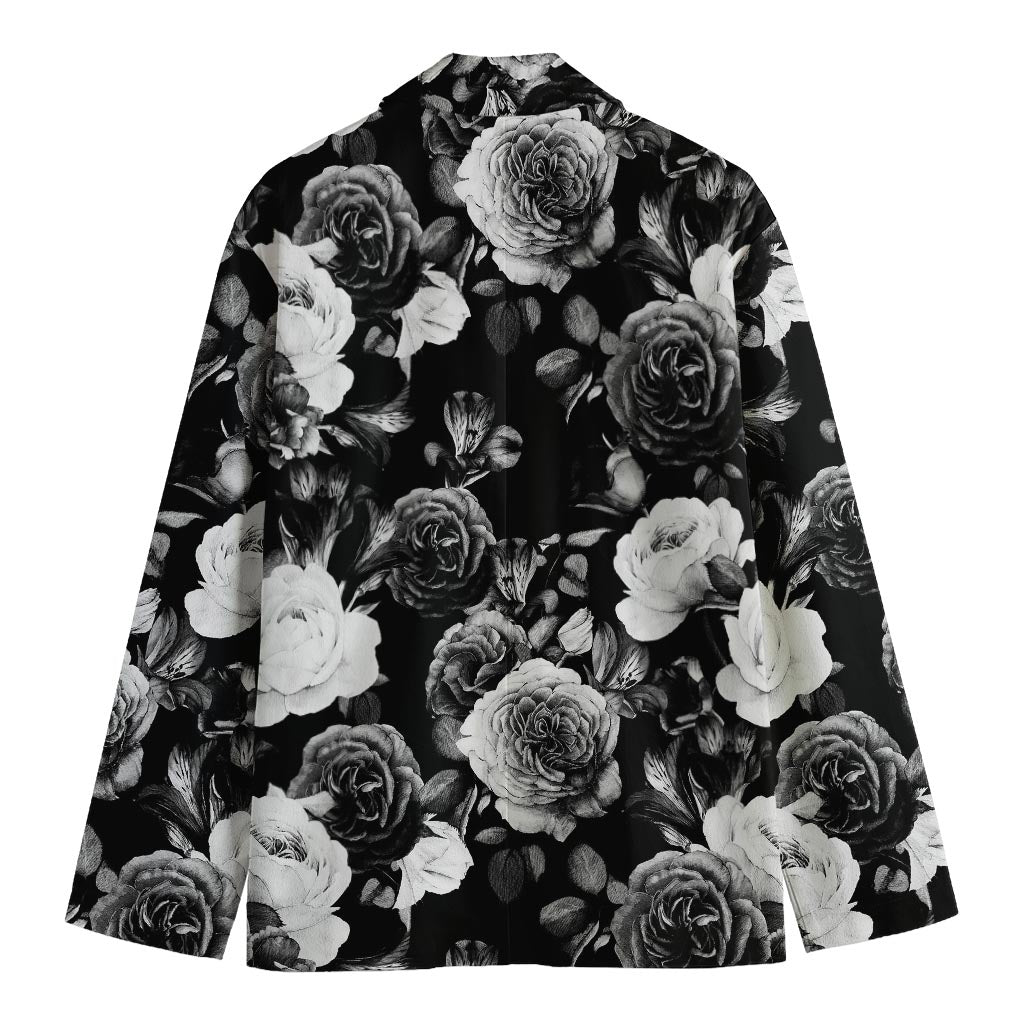 Black White Rose Floral Pattern Print Men's Cotton Blazer