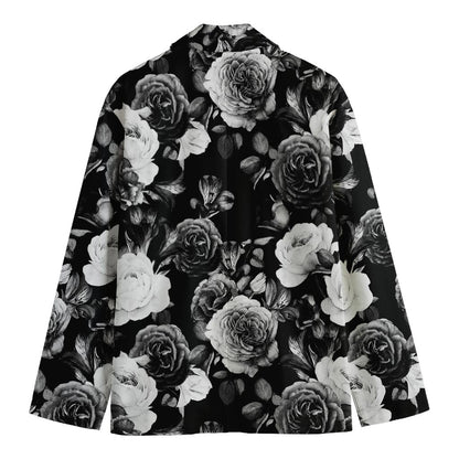 Black White Rose Floral Pattern Print Men's Cotton Blazer