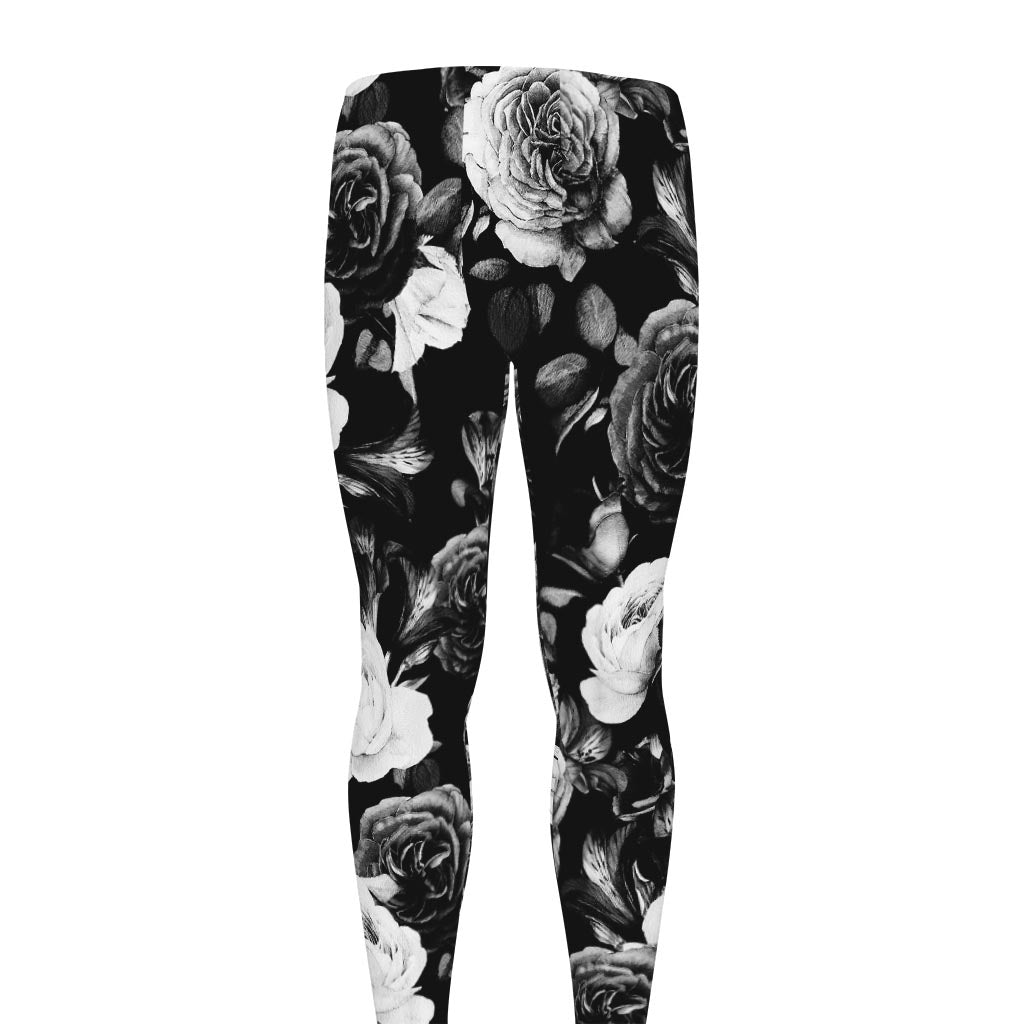 Black White Rose Floral Pattern Print Men's leggings
