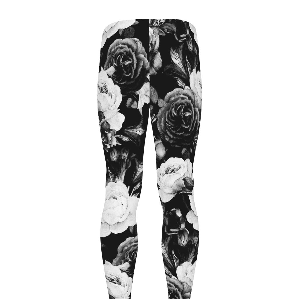 Black White Rose Floral Pattern Print Men's leggings