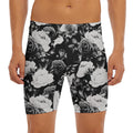 Black White Rose Floral Pattern Print Men's Long Boxer Briefs