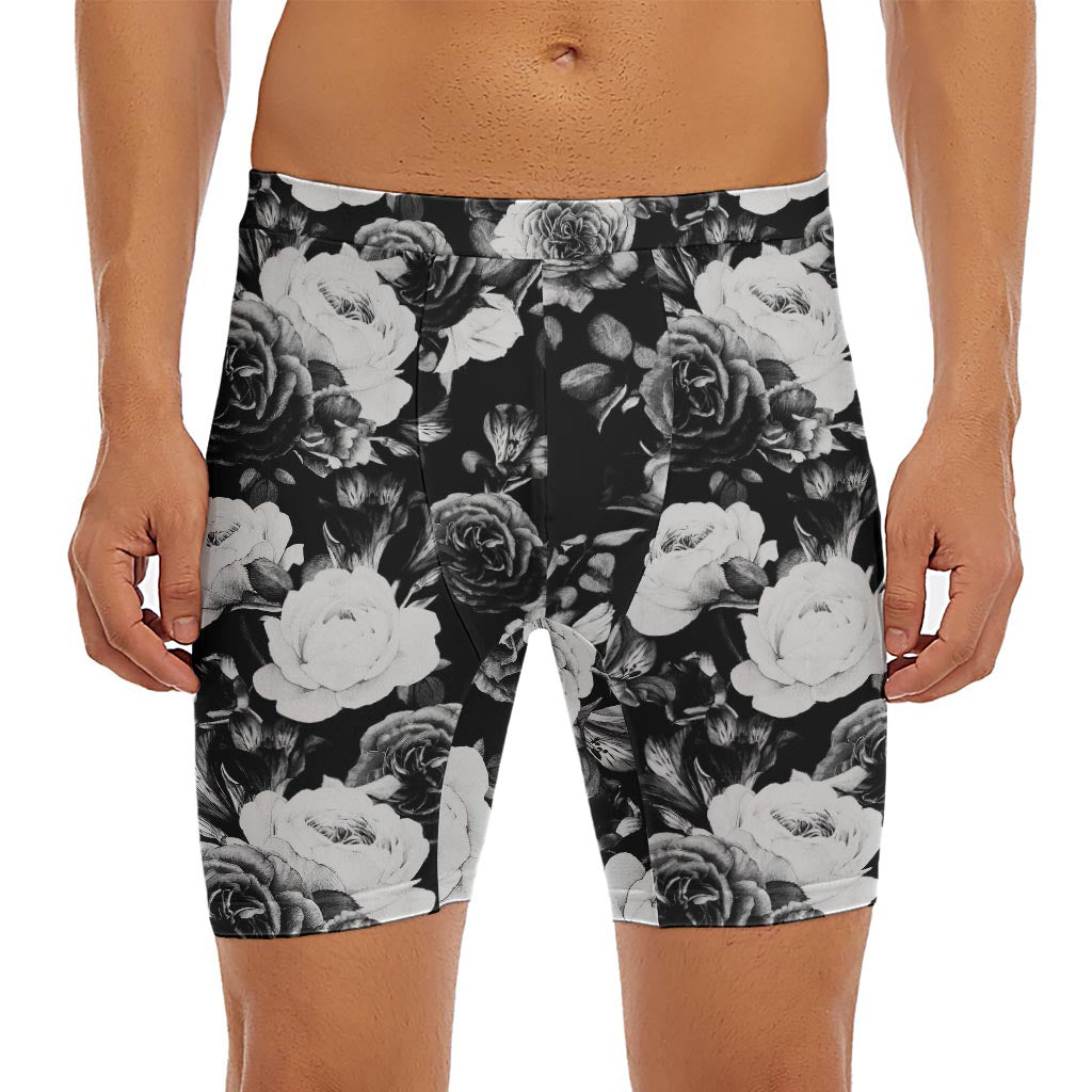 Black White Rose Floral Pattern Print Men's Long Boxer Briefs