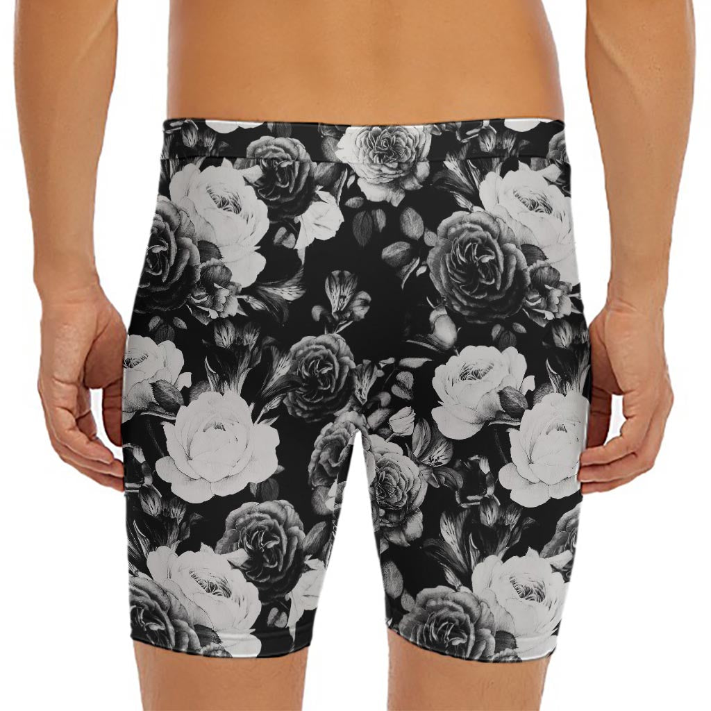 Black White Rose Floral Pattern Print Men's Long Boxer Briefs