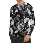 Black White Rose Floral Pattern Print Men's Long Sleeve Rash Guard