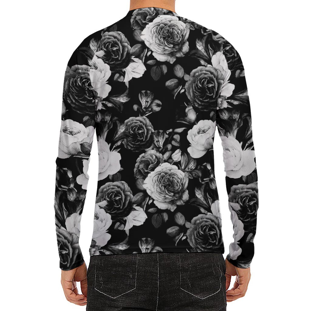 Black White Rose Floral Pattern Print Men's Long Sleeve Rash Guard