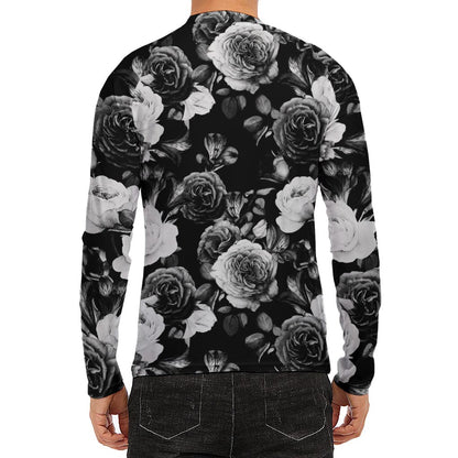 Black White Rose Floral Pattern Print Men's Long Sleeve Rash Guard