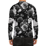 Black White Rose Floral Pattern Print Men's Long Sleeve Rash Guard