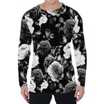 Black White Rose Floral Pattern Print Men's Long Sleeve T-Shirt
