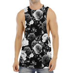 Black White Rose Floral Pattern Print Men's Muscle Tank Top