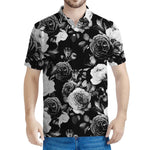 Black White Rose Floral Pattern Print Men's Polo Shirt