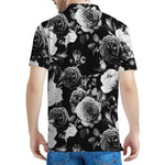 Black White Rose Floral Pattern Print Men's Polo Shirt