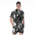 Black White Rose Floral Pattern Print Men's Romper