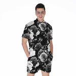 Black White Rose Floral Pattern Print Men's Rompers
