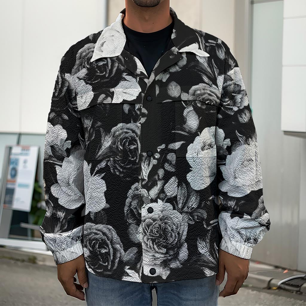 Black White Rose Floral Pattern Print Men's Shirt Jacket