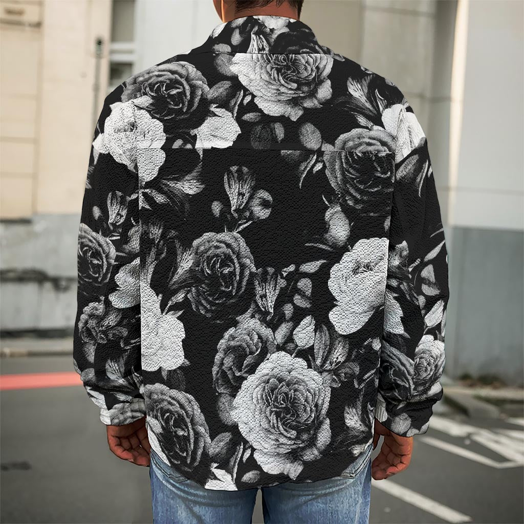 Black White Rose Floral Pattern Print Men's Shirt Jacket