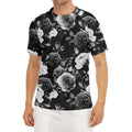 Black White Rose Floral Pattern Print Men's Short Sleeve Rash Guard