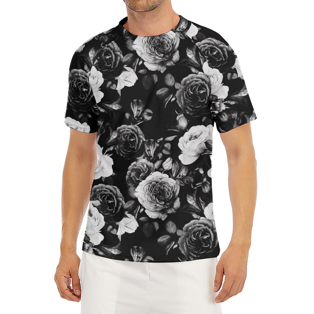 Black White Rose Floral Pattern Print Men's Short Sleeve Rash Guard