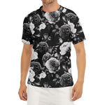 Black White Rose Floral Pattern Print Men's Short Sleeve Rash Guard