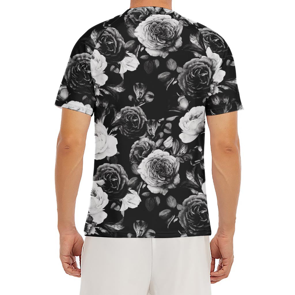 Black White Rose Floral Pattern Print Men's Short Sleeve Rash Guard