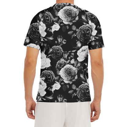 Black White Rose Floral Pattern Print Men's Short Sleeve Rash Guard