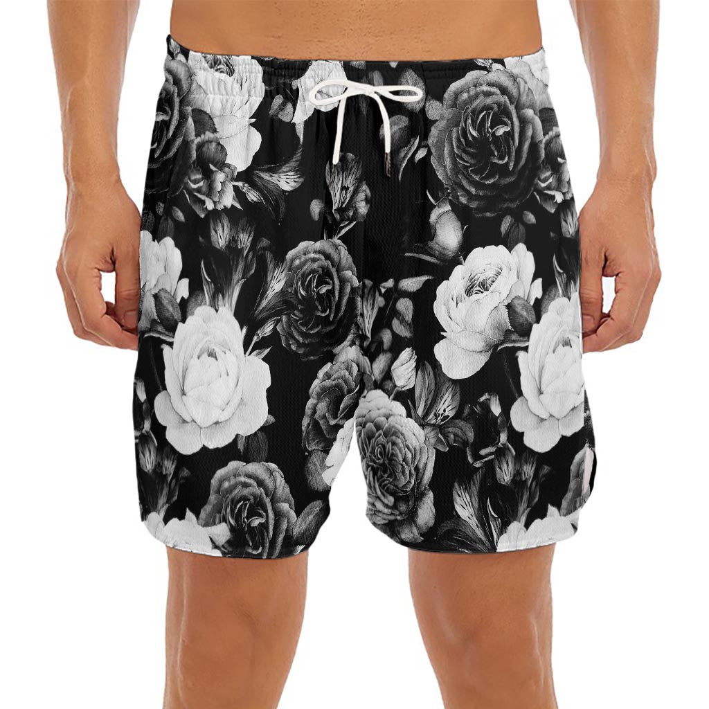Black White Rose Floral Pattern Print Men's Split Running Shorts