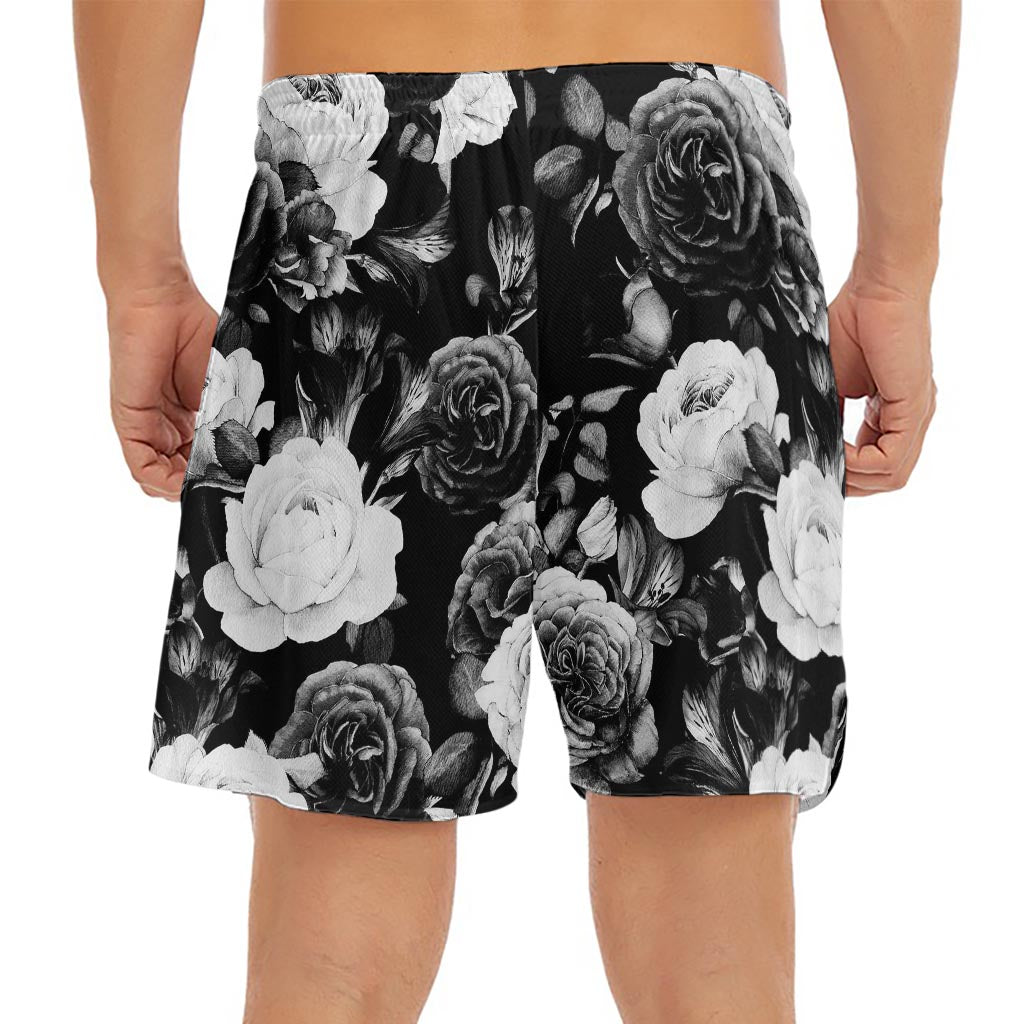 Black White Rose Floral Pattern Print Men's Split Running Shorts