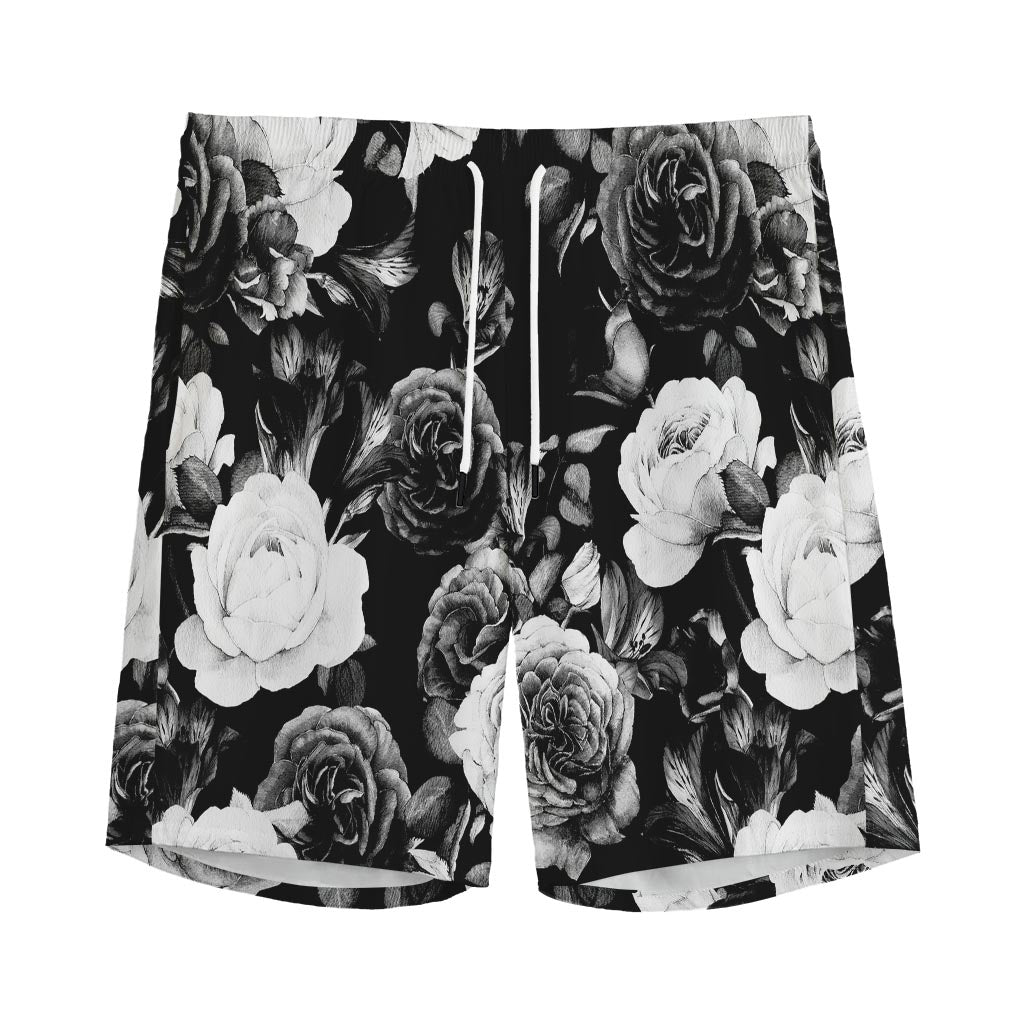 Black White Rose Floral Pattern Print Men's Sports Shorts