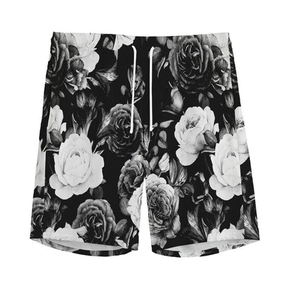 Black White Rose Floral Pattern Print Men's Sports Shorts