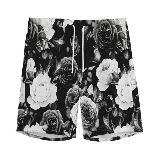 Black White Rose Floral Pattern Print Men's Sports Shorts