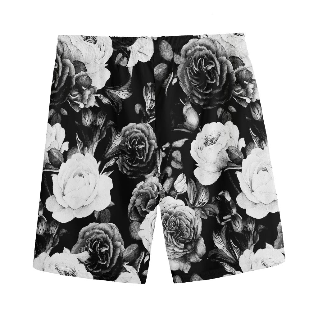 Black White Rose Floral Pattern Print Men's Sports Shorts