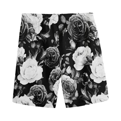 Black White Rose Floral Pattern Print Men's Sports Shorts