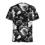 Black White Rose Floral Pattern Print Men's Sports T-Shirt