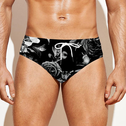 Black White Rose Floral Pattern Print Men's Swim Briefs
