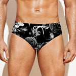 Black White Rose Floral Pattern Print Men's Swim Briefs
