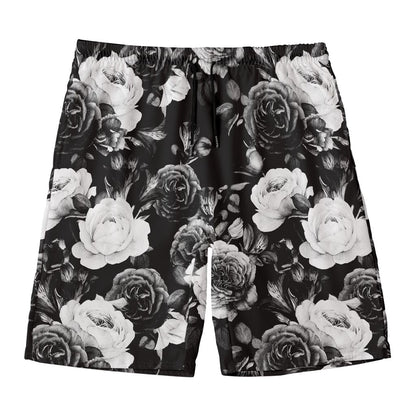 Black White Rose Floral Pattern Print Men's Swim Trunks