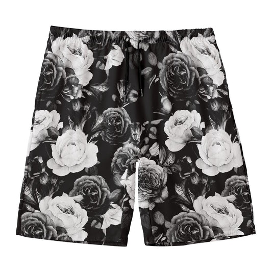 Black White Rose Floral Pattern Print Men's Swim Trunks