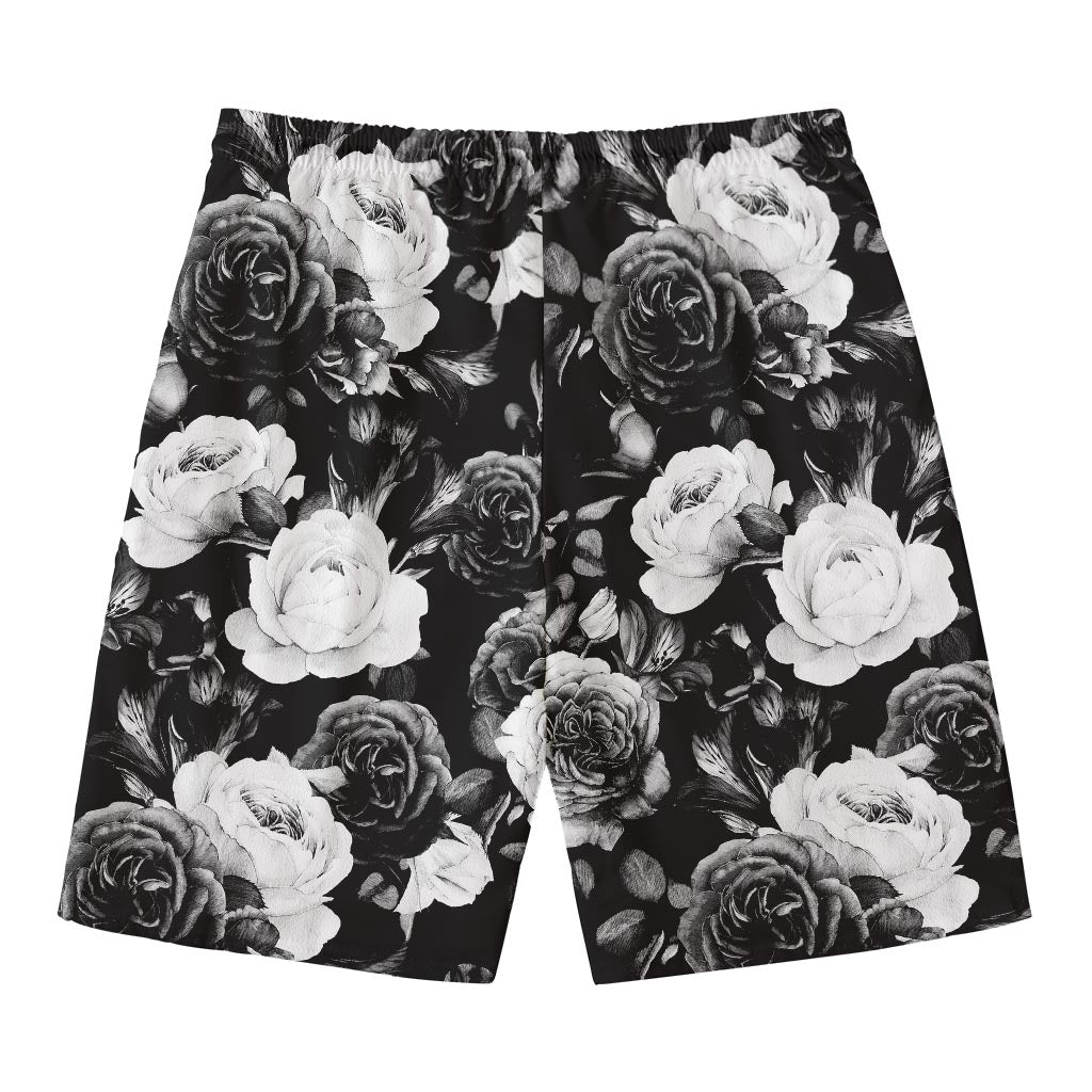 Black White Rose Floral Pattern Print Men's Swim Trunks