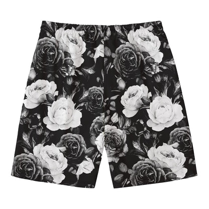Black White Rose Floral Pattern Print Men's Swim Trunks