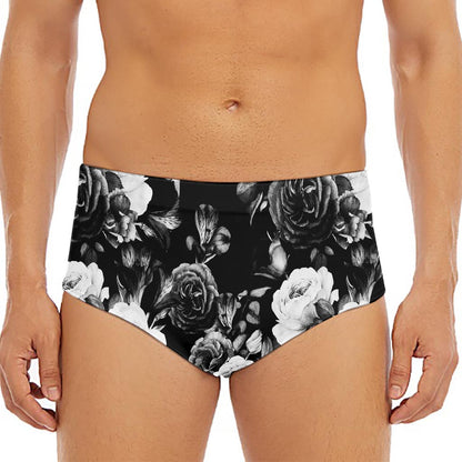 Black White Rose Floral Pattern Print Men's Triangle Swim Briefs