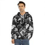 Black White Rose Floral Pattern Print Men's Velvet Pullover Hoodie