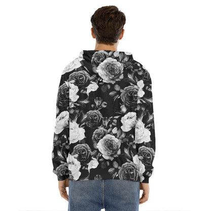 Black White Rose Floral Pattern Print Men's Velvet Pullover Hoodie