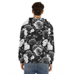 Black White Rose Floral Pattern Print Men's Velvet Pullover Hoodie